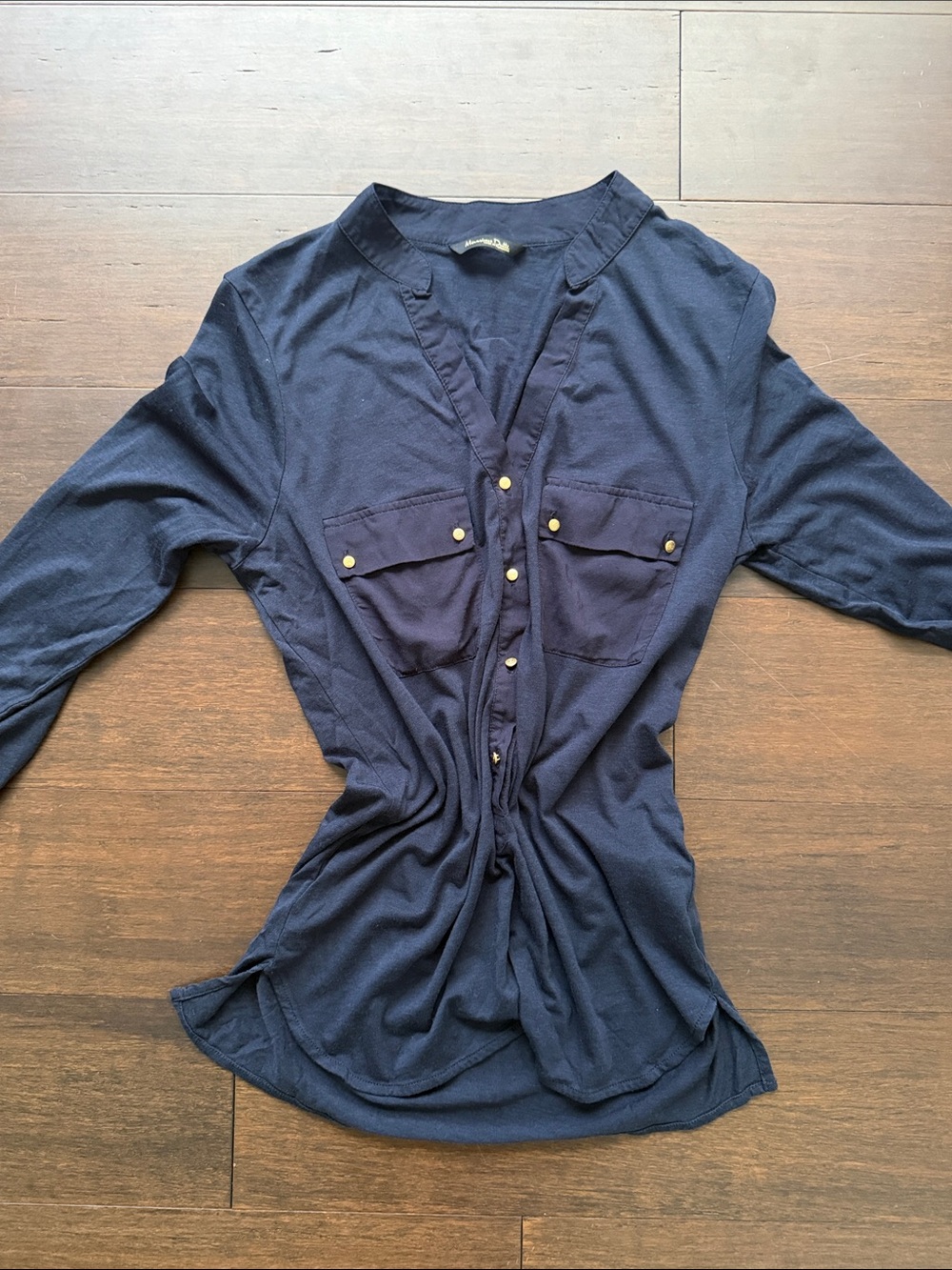 Massimo Dutti Navy Button-Front Pocket Blouse